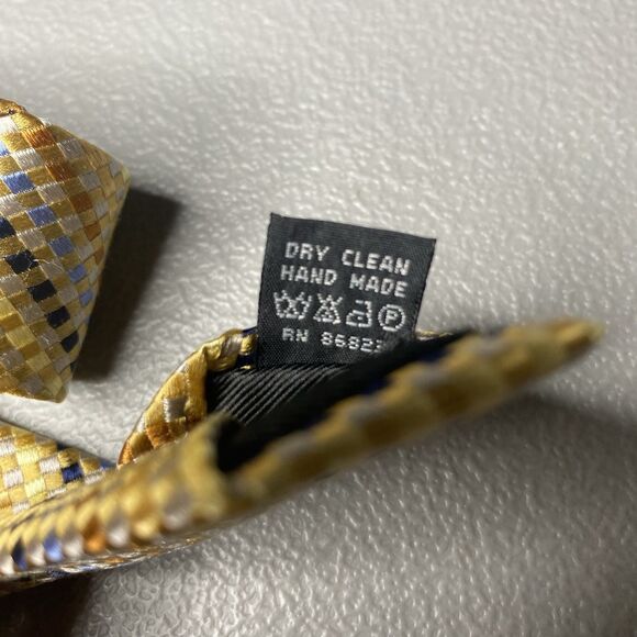 PEACOCK Tie 100% Pure Silk Hand Made Striped Square Geometric Gold Blue - Picture 6 of 6